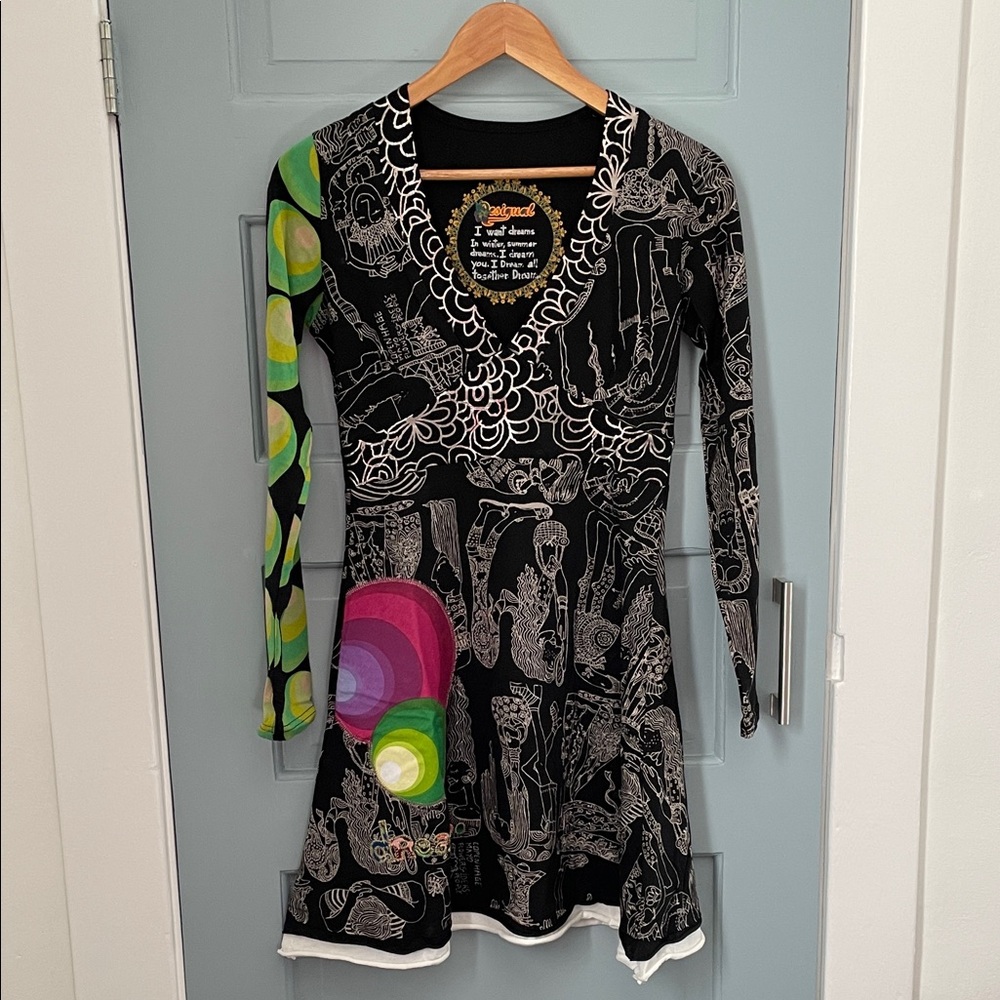Desigual Black Dress with Artistic Patterns and bright colours. Size M